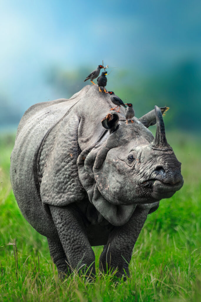 one horned rhino with jungle myna